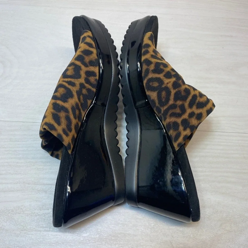 Anne Klein Women 8.5 Akrellin Wedge Sandals Leopard Print Black Animal Slide Y2k